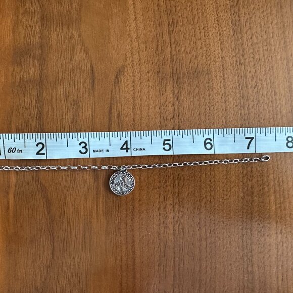 925 Sterling Silver "Peace" and Peace Sign Rhinestone Encrusted Charm Bracelet - Picture 4 of 5